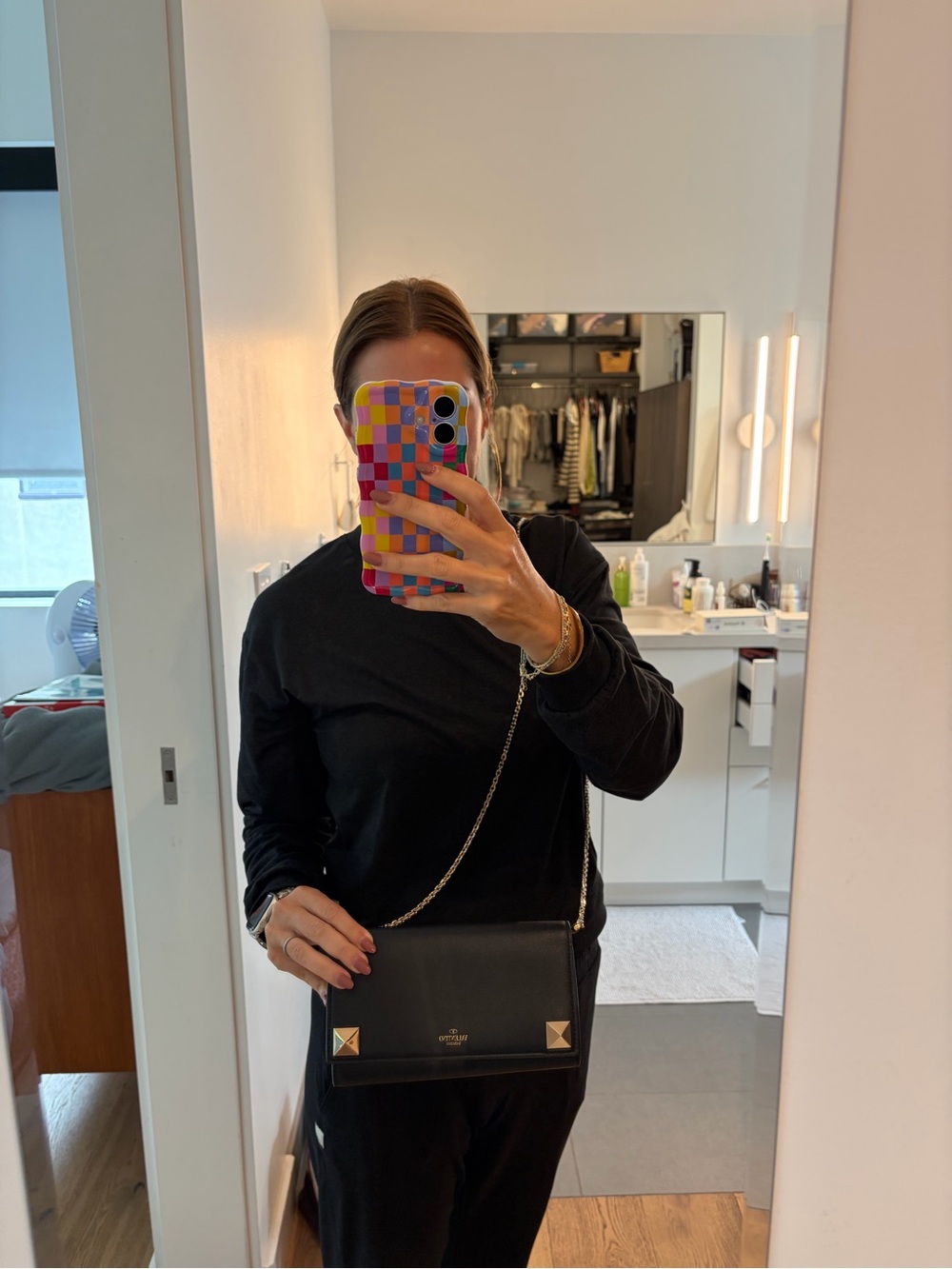 Authentic Valentino Garavani Black Leather Shoulder Bag with Gold Pyramid Stud